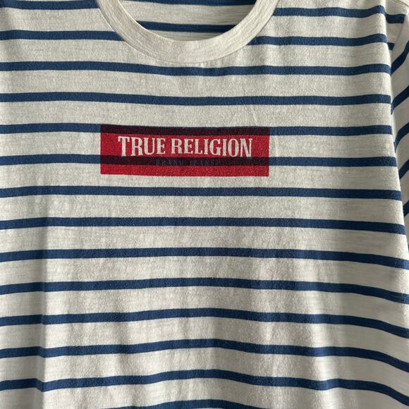 True Religion Beige Men's Graphic Logo T-shirt Blue Striped Size Small - Picture 3 of 7